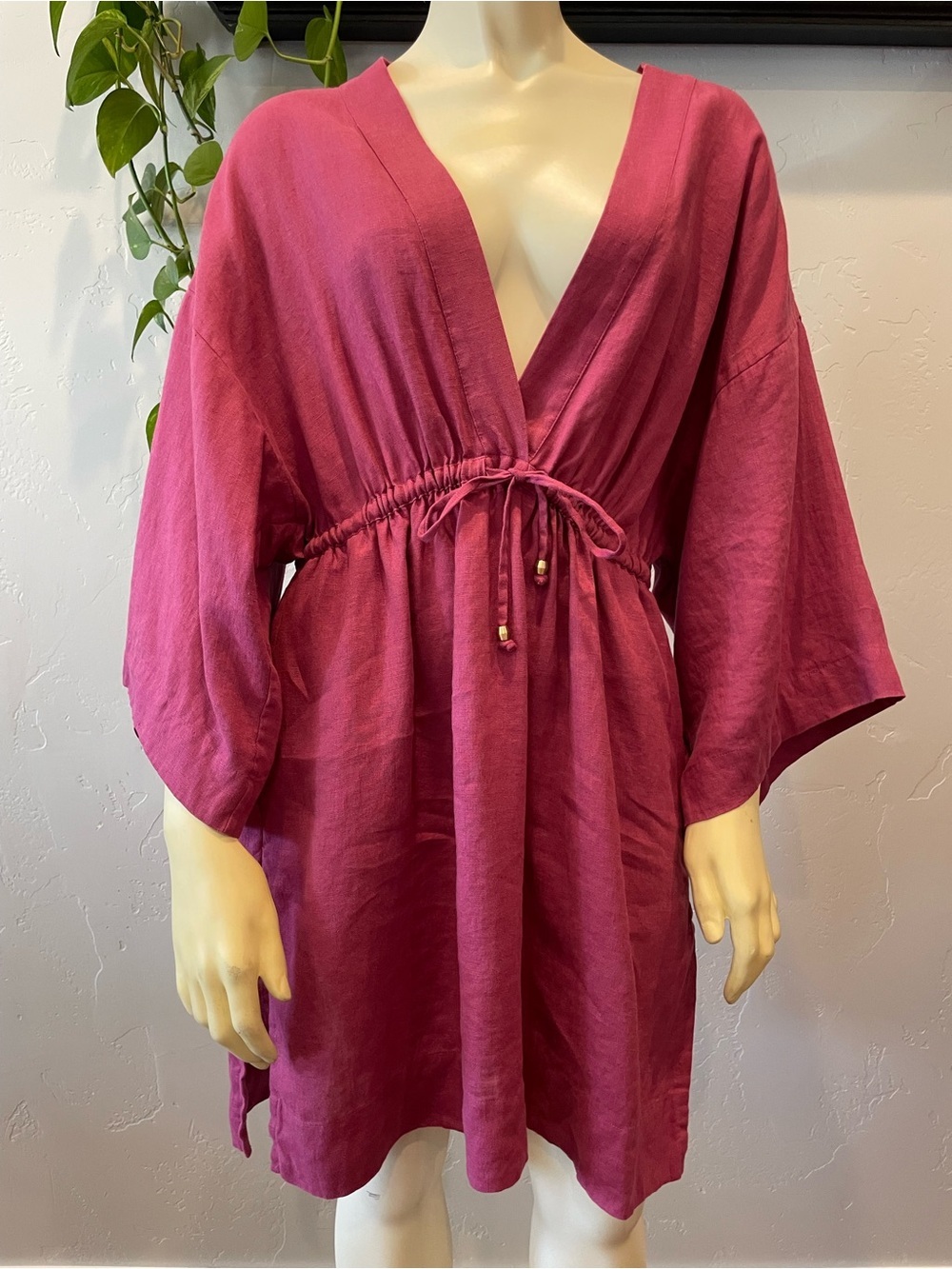 JETS Australia 100% linen Deep Raspberry V-Neck Tie-Waist coverup Dress XS